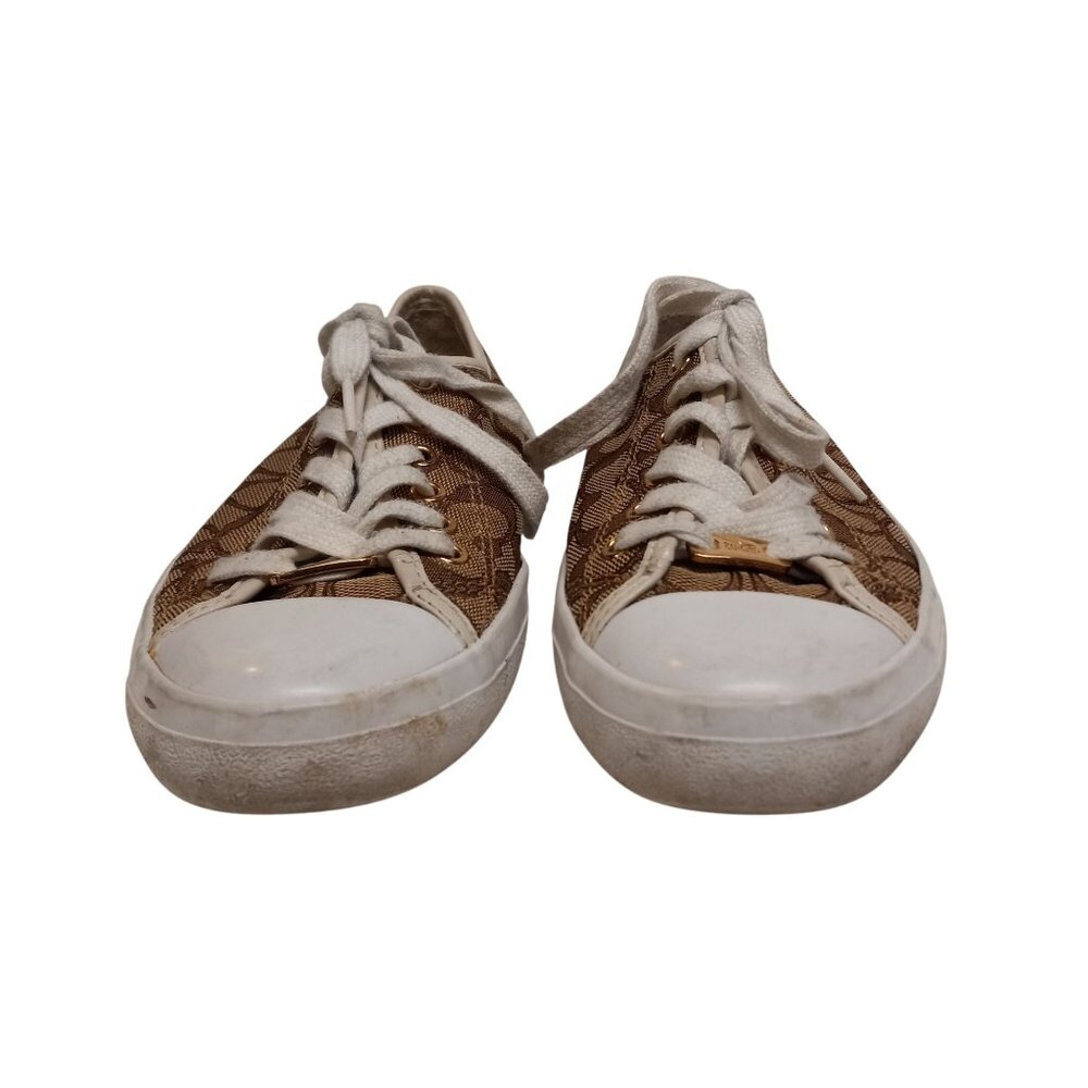 Coach Size 8 8B Sneakers Signature Canvas Lace Up Brown White Napa Leather - Picture 3 of 9